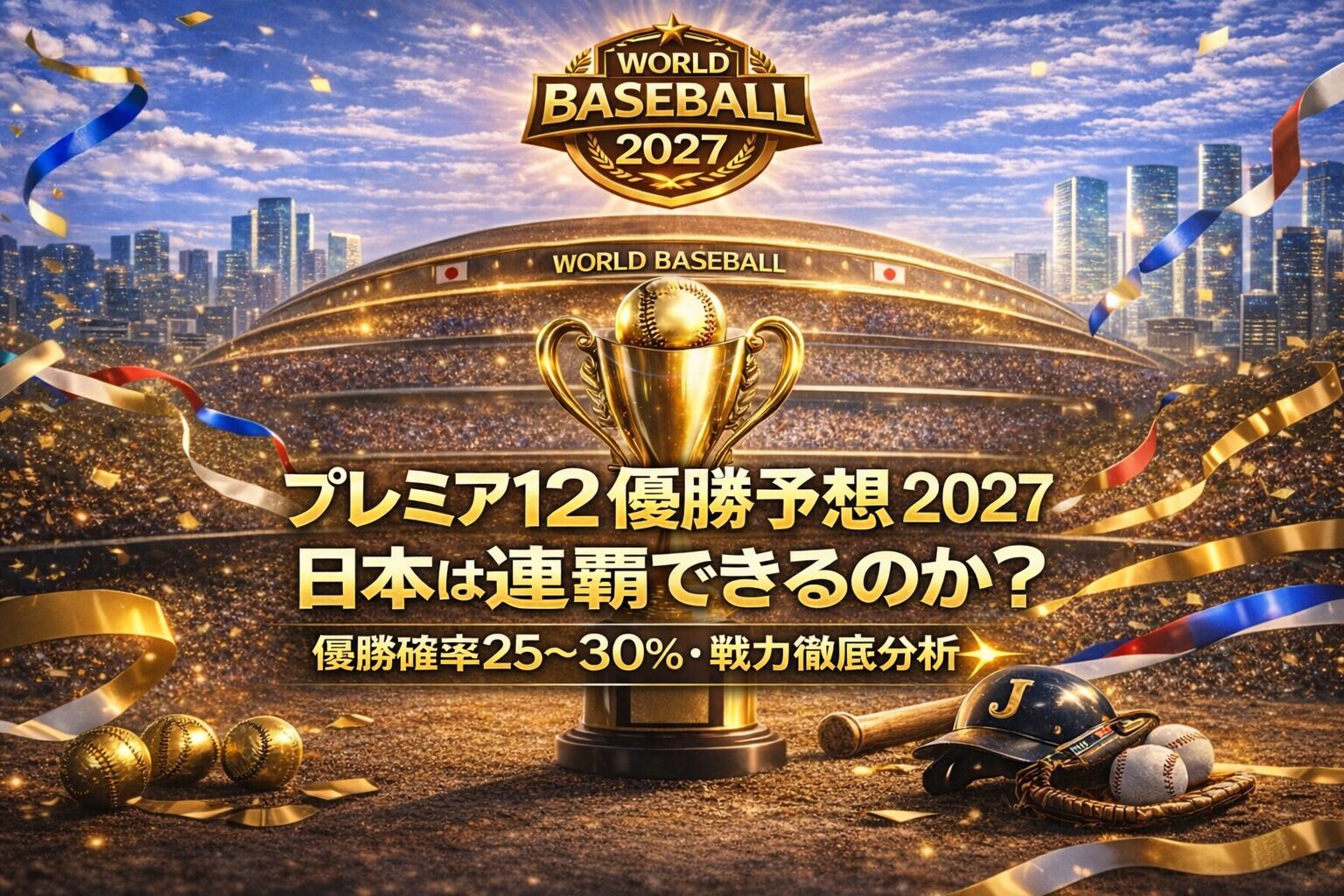 プレミア12優勝予想2027のアイキャッチ画像｜日本は連覇できるのかをテーマに優勝確率25〜30％と戦力分析を示したビジュアル