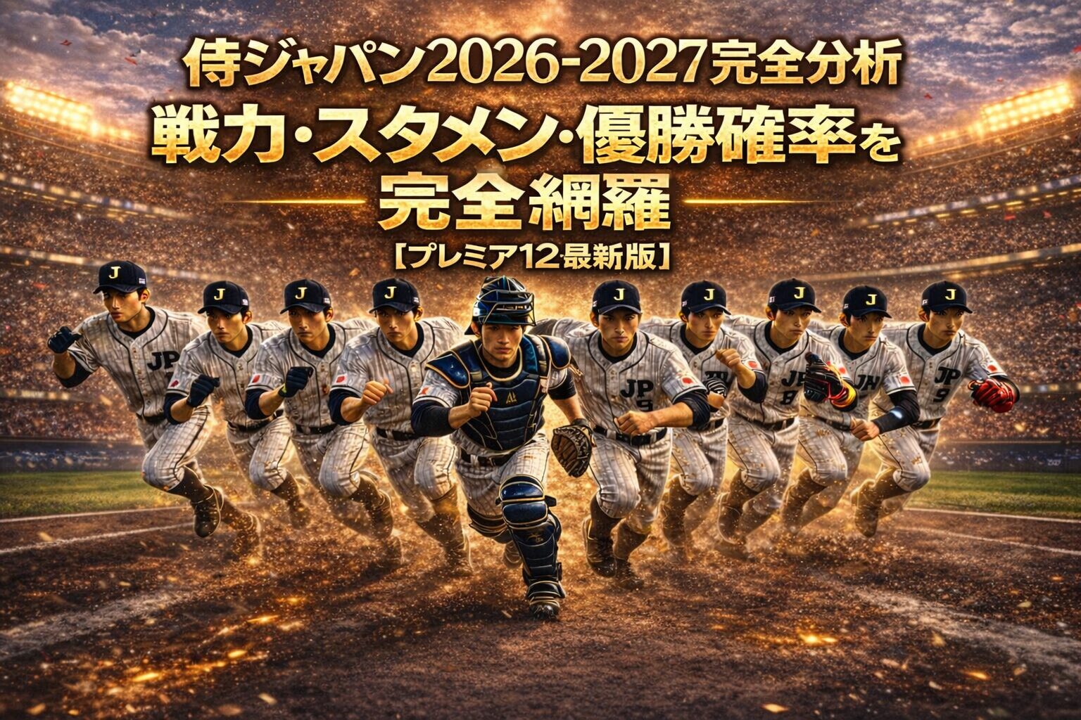 侍ジャパン2027完全分析のアイキャッチ画像｜日本代表選手がスタジアムで走る中、戦力・スタメン・優勝確率を総合分析したビジュアル