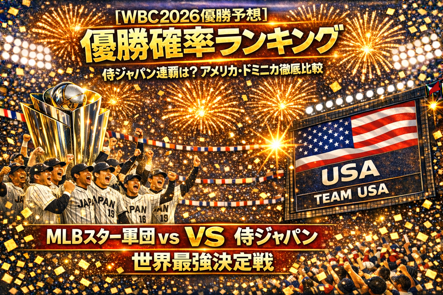 WBC2026優勝予想の優勝確率ランキングを示したアイキャッチ画像。侍ジャパンとアメリカ代表の戦力比較と優勝争いをイメージしたデザイン。