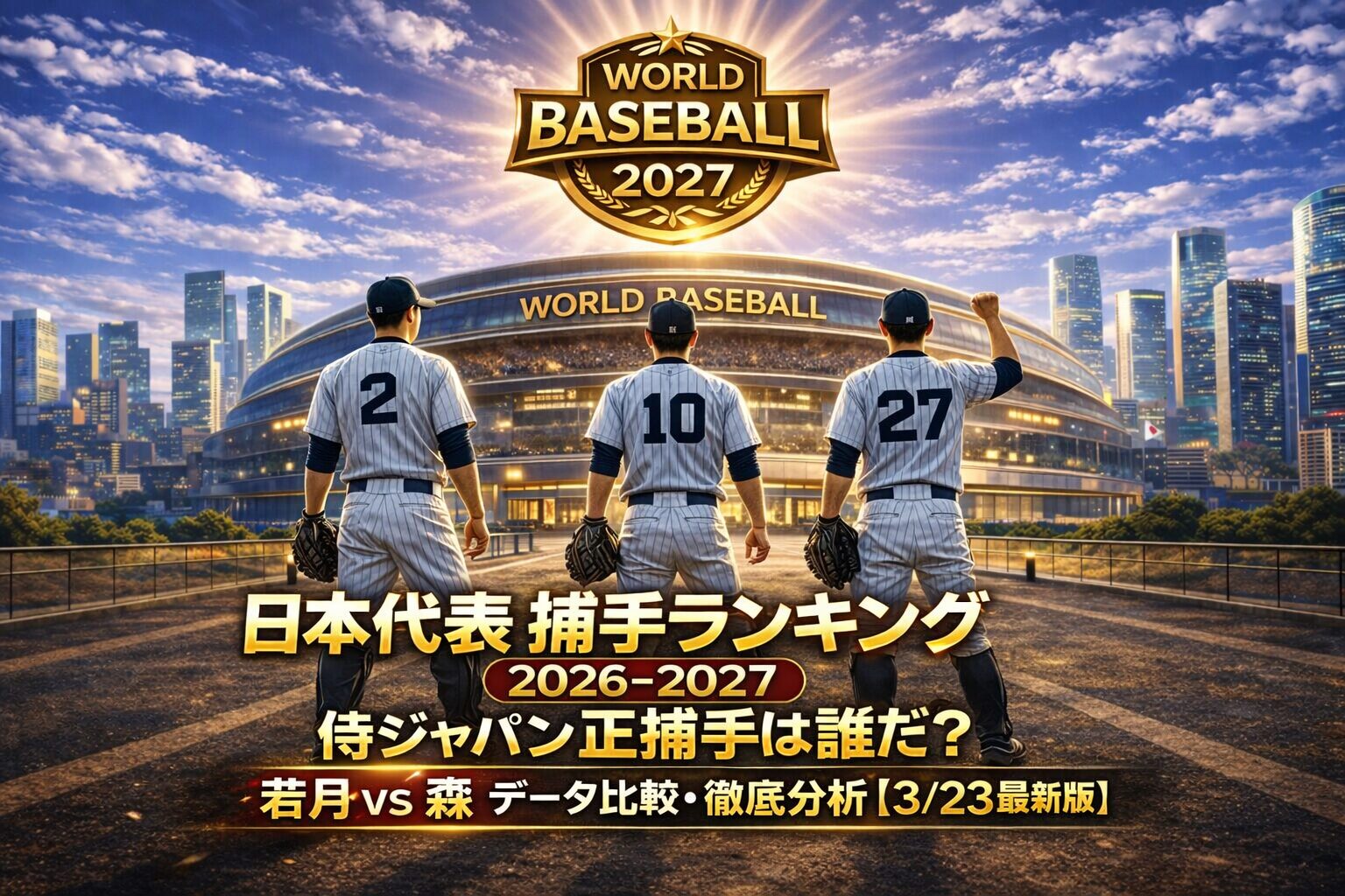 日本代表捕手ランキング2027のアイキャッチ画像｜スタジアム前に立つ選手とともに正捕手争い（若月vs森）をデータ比較で分析したビジュアル