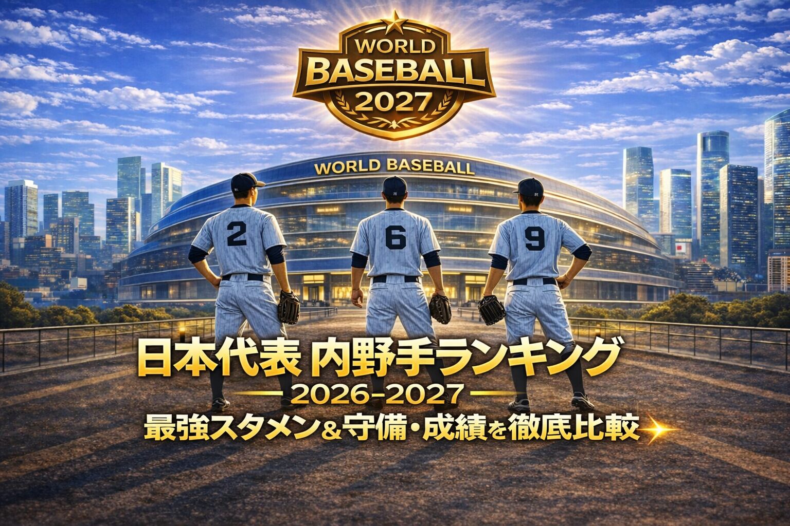 日本代表内野手ランキング2027のアイキャッチ画像｜3人の選手がスタジアム前に立ち、最強スタメンと守備・成績比較を示したビジュアル