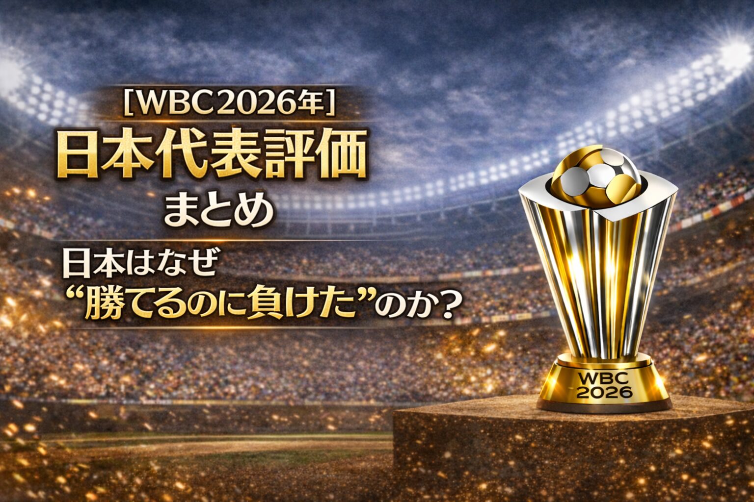 WBC2026日本代表評価まとめ｜なぜ日本は勝てるのに負けたのかを分析した記事アイキャッチ画像、スタジアムと優勝トロフィーを背景にしたデザイン