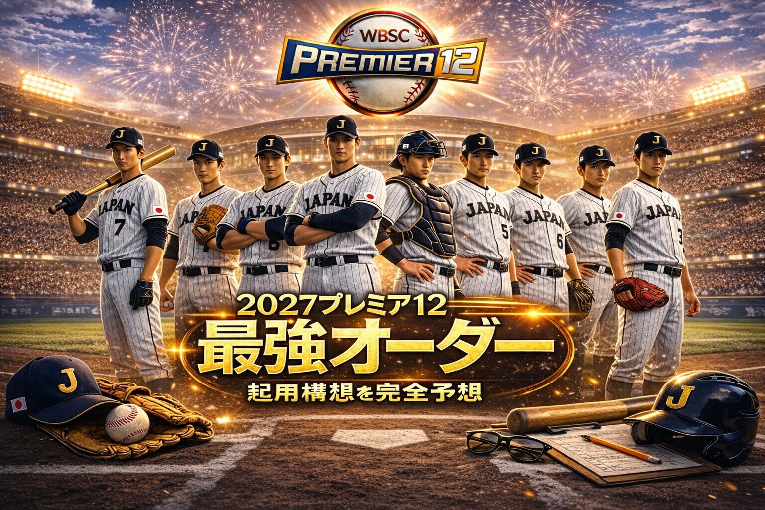 2027プレミア12日本代表最強スタメン予想のアイキャッチ画像｜侍ジャパンの選手が並び起用構想と最強オーダーを表現したビジュアル