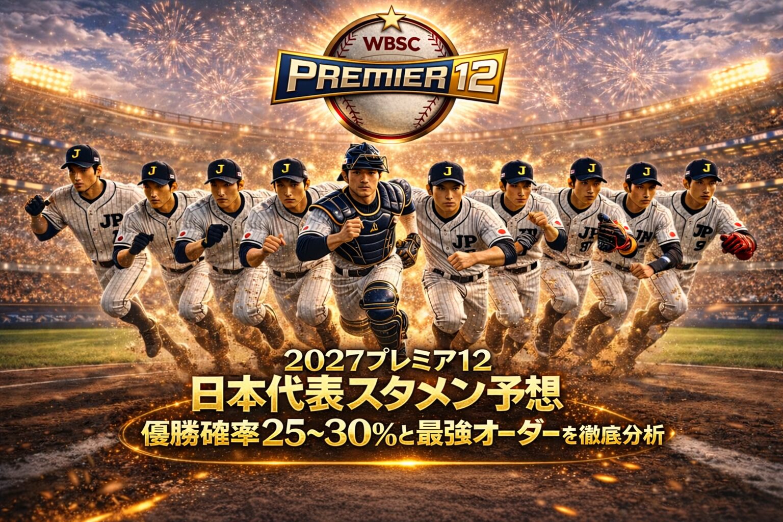 2027プレミア12日本代表スタメン予想のアイキャッチ画像｜侍ジャパン選手が並び優勝確率25〜30％と最強オーダーを分析したビジュアル