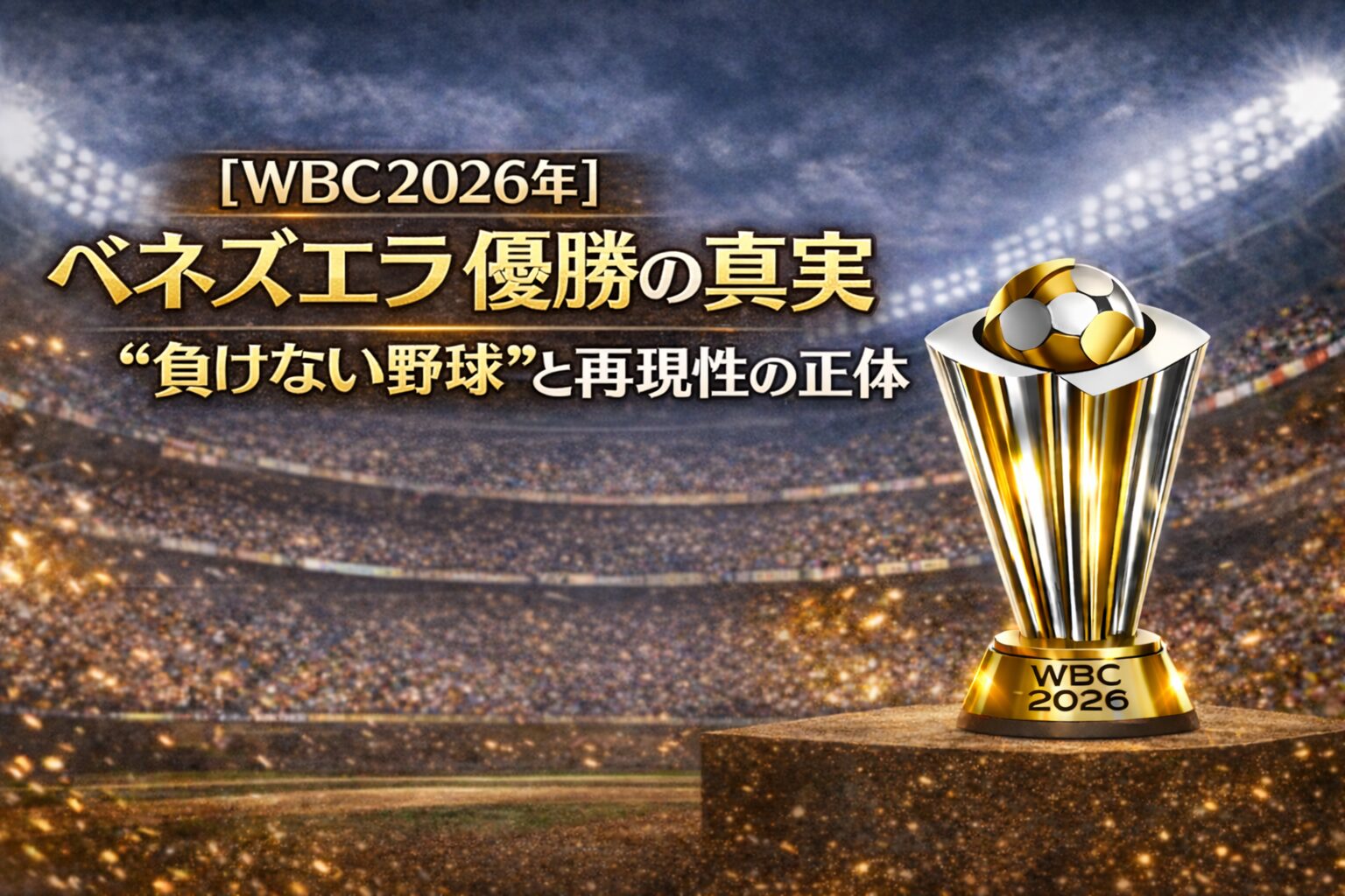 WBC2026ベネズエラ優勝の真実を解説するアイキャッチ画像｜負けない野球と再現性の正体、スタジアムと優勝トロフィー背景デザイン