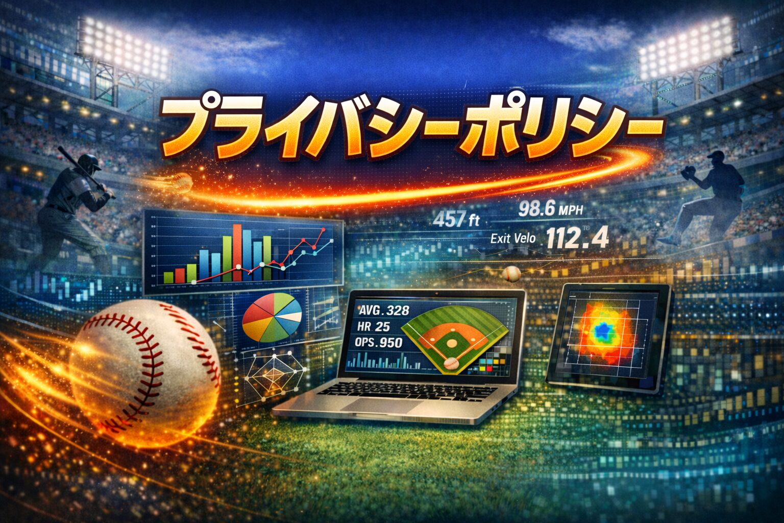 野球データ分析サイトのプライバシーポリシー用アイキャッチ画像。スタジアム背景にグラフや分析データと「プライバシーポリシー」の文字を表示