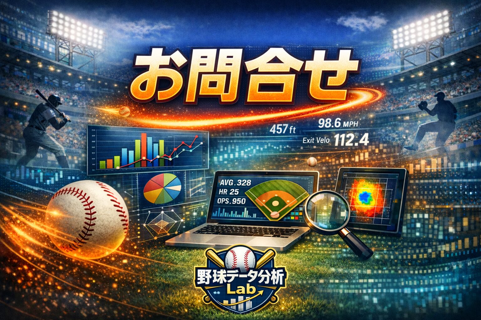 野球データ分析サイトのお問い合わせページ用アイキャッチ画像。スタジアム背景にデータグラフと「お問合せ」の文字を強調表示
