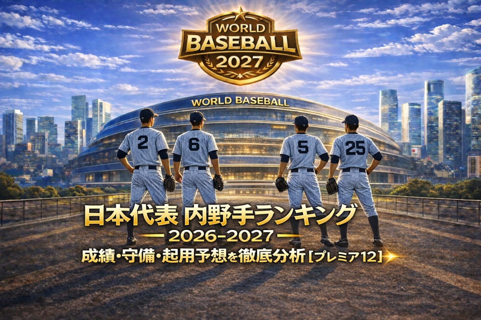 日本代表投手ランキング2027のアイキャッチ画像｜K/BBで最強投手を比較するためスタジアム前に並ぶ3人の投手を描いたビジュアル