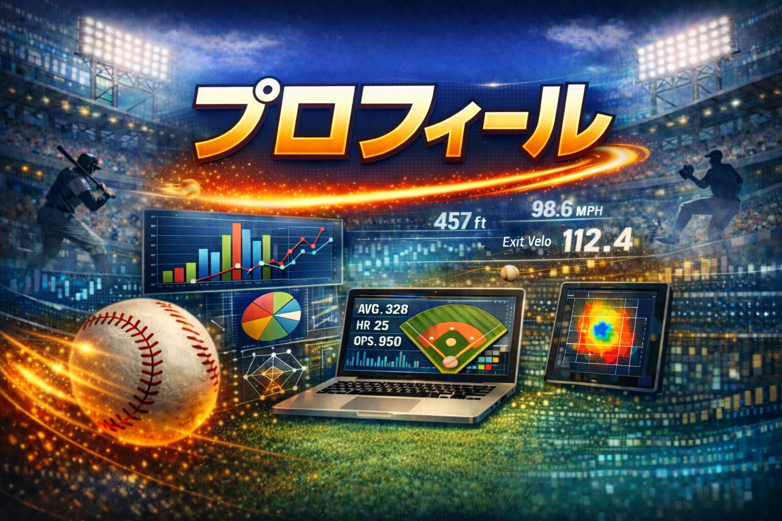 野球データ分析サイトのプロフィール用アイキャッチ画像。スタジアム背景に分析グラフと「プロフィール」の文字を表示