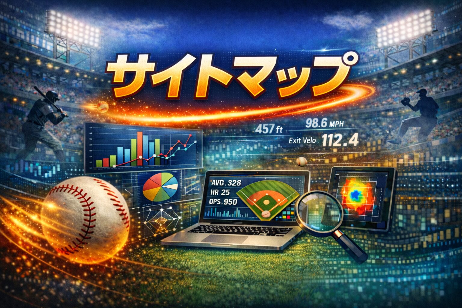 野球データ分析サイトのサイトマップ用アイキャッチ画像。スタジアム背景にグラフや分析データと「サイトマップ」の文字を表示