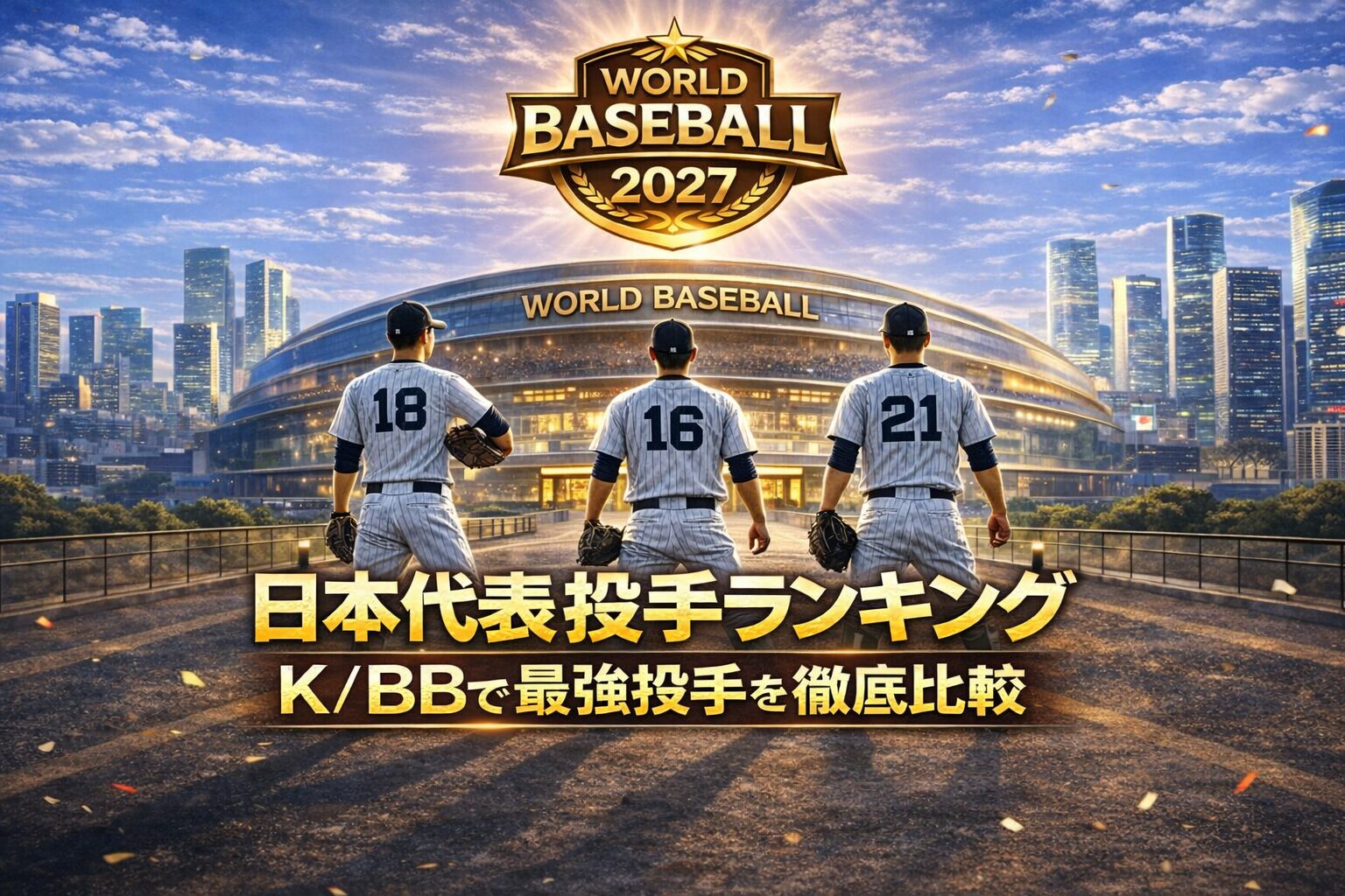 2027年ワールドベースボールを背景に、日本代表投手ランキングをテーマにしたビジュアル。背番号18・16・21の投手3人が並び、K/BBで最強投手を徹底比較する内容を表現したSEO向けアイキャッチ画像。